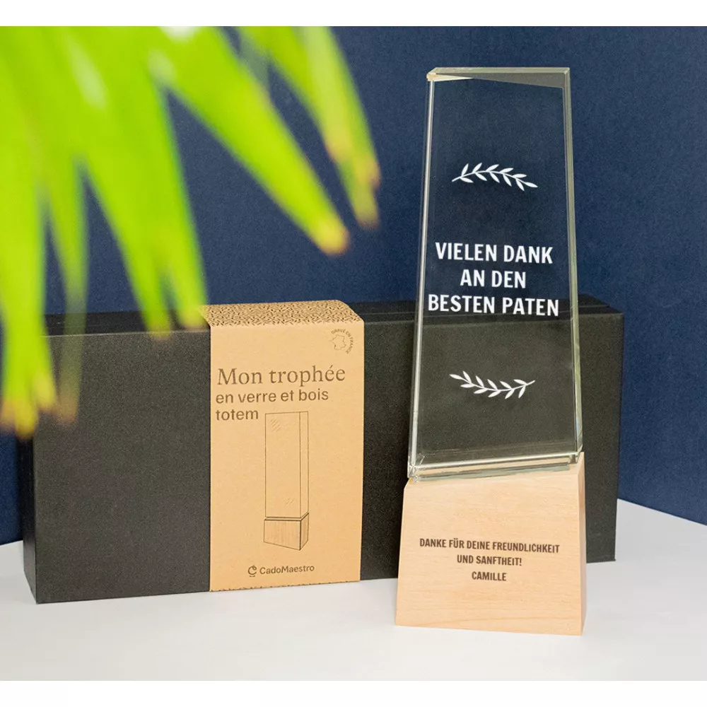 Totem-Glas- und Holzpreistrophe Danke zur Personalisierung