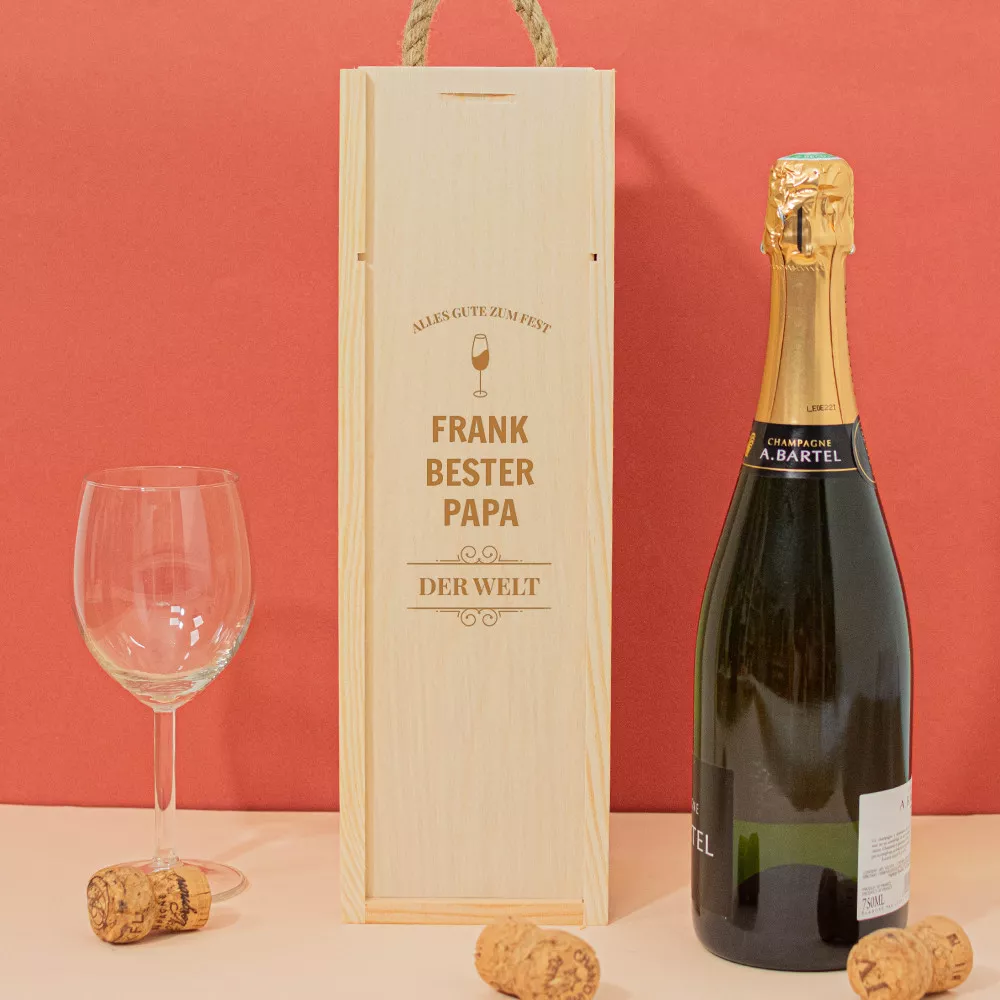 Personalisierbares Champagner-Geschenkset aus Holz zum Ruhestand