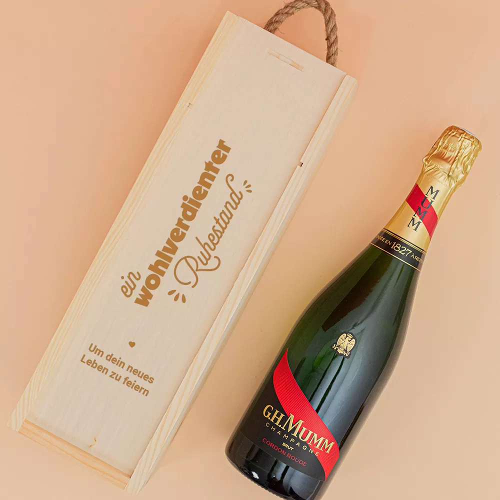 Personalisierbares Champagner-Geschenkset aus Holz zum Ruhestand