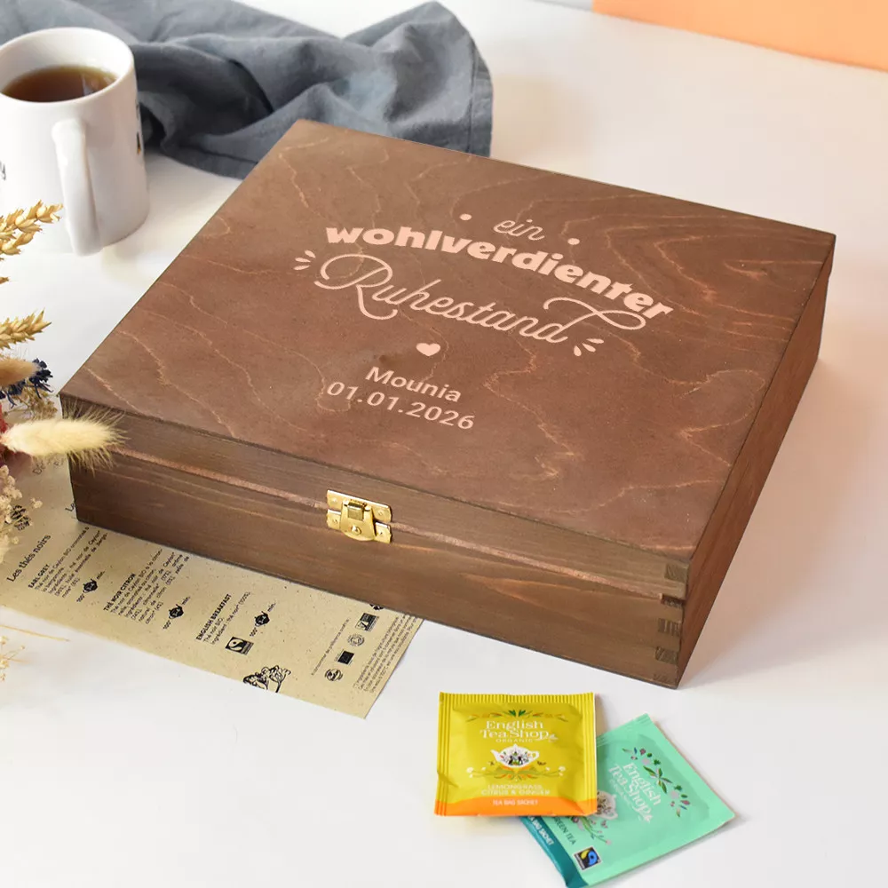 Holzkiste mit Bio-Tees und Infusionen für den Ruhestand individuell gestalten