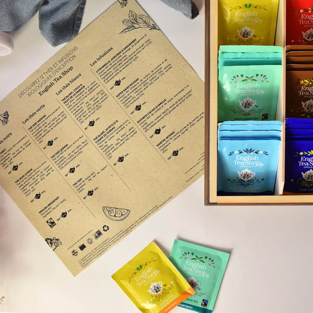 Holzkiste mit Bio-Tees und Infusionen für den Ruhestand individuell gestalten