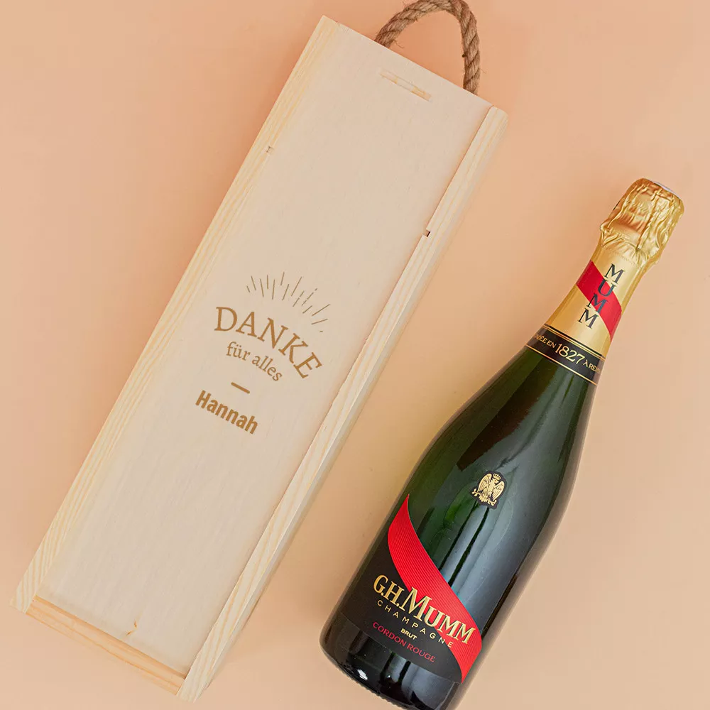 Holzkiste mit Champagnerflasche "Danke" personalisierbar