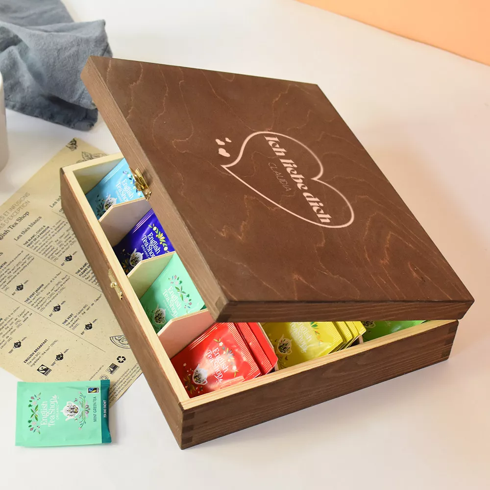 Personalisierbare Holzbox mit Bio-Tees und Kräutertees Ich liebe dich