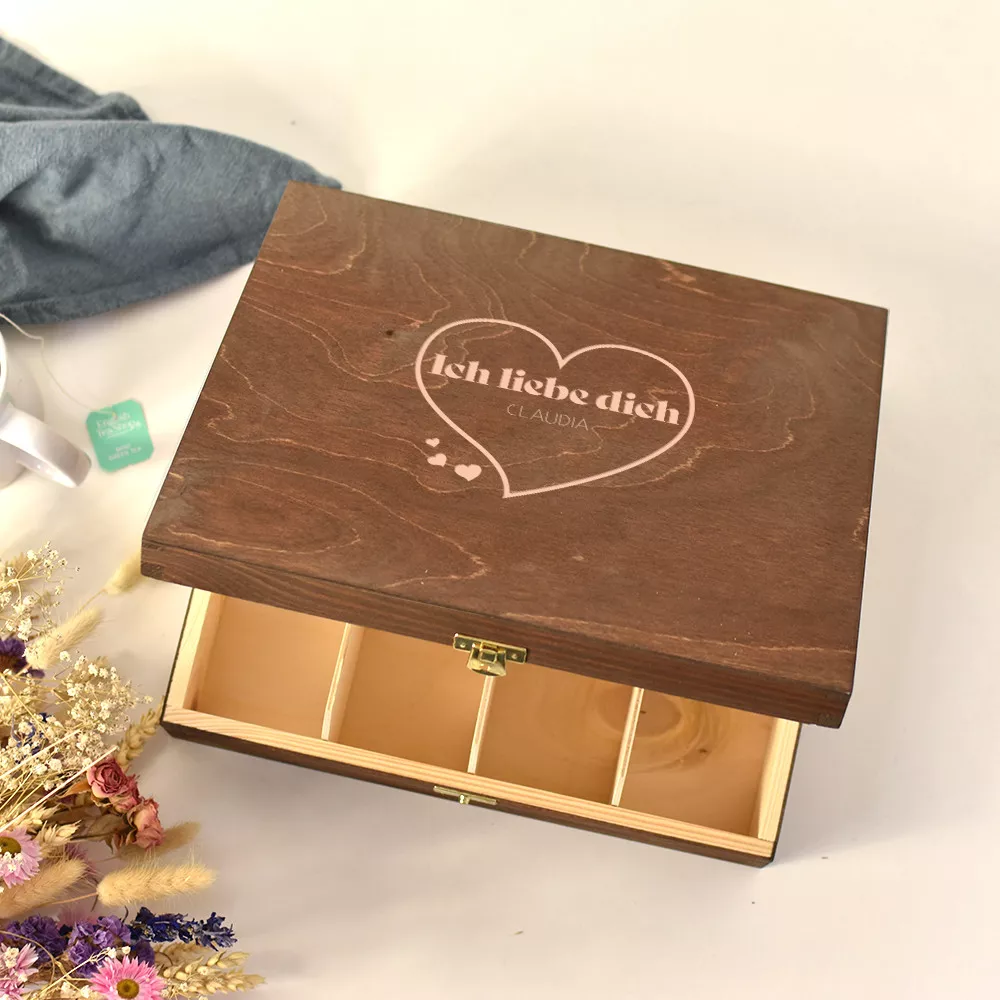 Personalisierbare Holzbox mit Bio-Tees und Kräutertees Ich liebe dich
