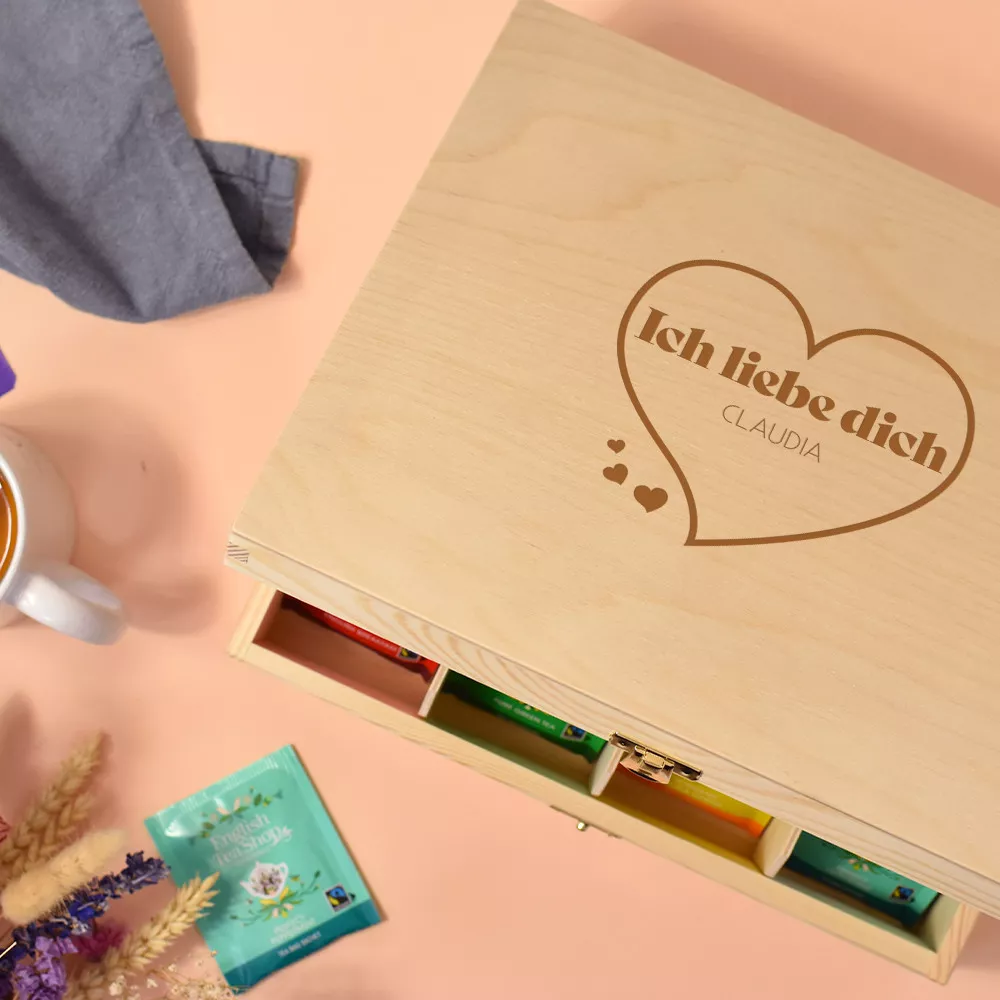 Personalisierbare Holzbox mit Bio-Tees und Kräutertees Ich liebe dich