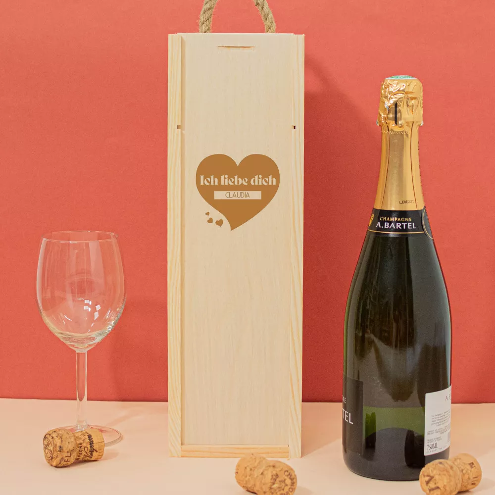 Personalisierbare Holzbox mit Champagnerflasche Ich liebe dich