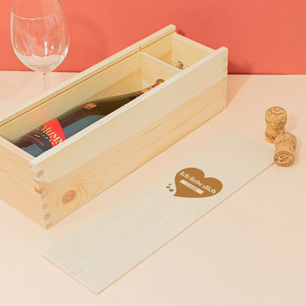 Personalisierbare Holzbox mit Champagnerflasche Ich liebe dich