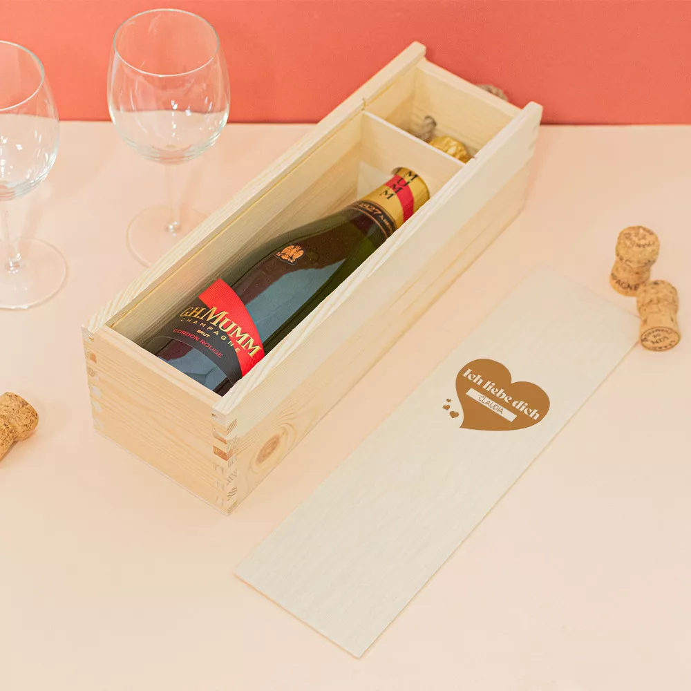 Personalisierbare Holzbox mit Champagnerflasche Ich liebe dich