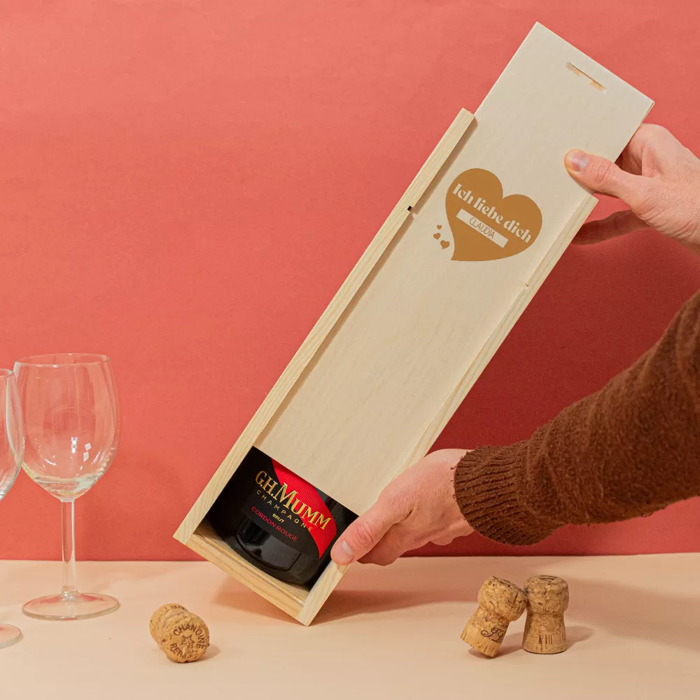 Personalisierbare Holzbox mit Champagnerflasche Ich liebe dich