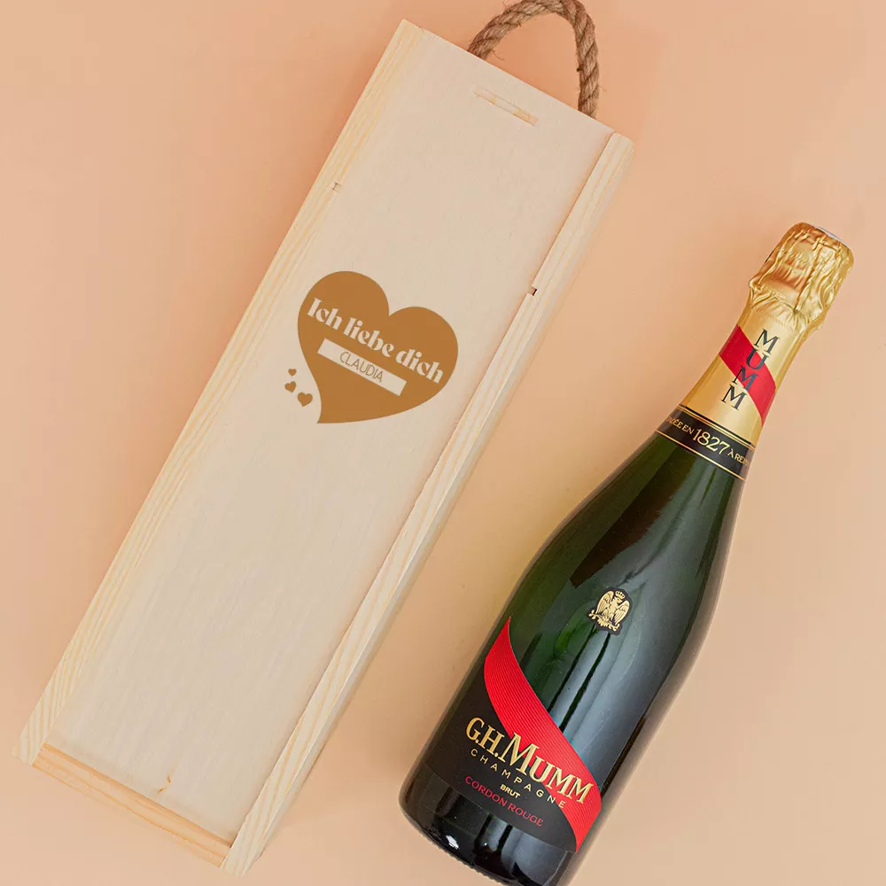 Personalisierbare Holzbox mit Champagnerflasche Ich liebe dich