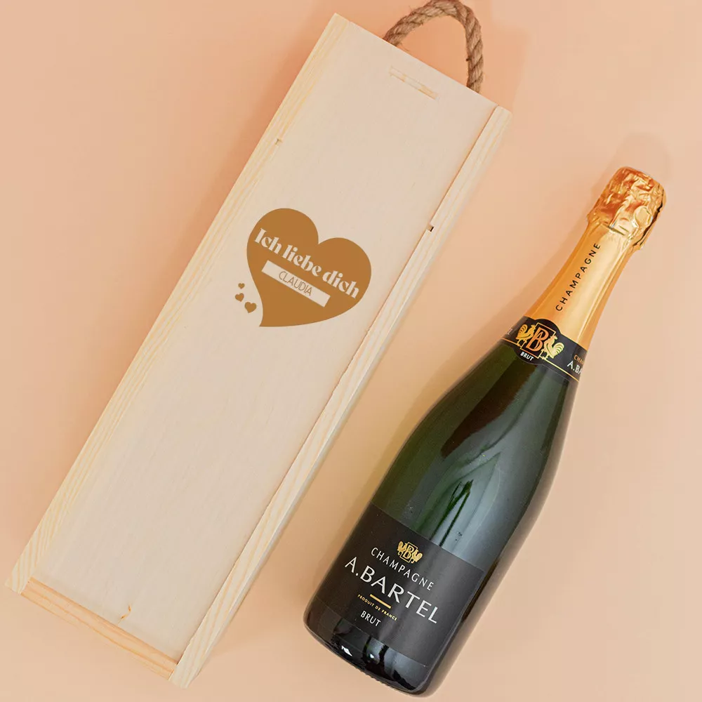 Personalisierbare Holzbox mit Champagnerflasche Ich liebe dich