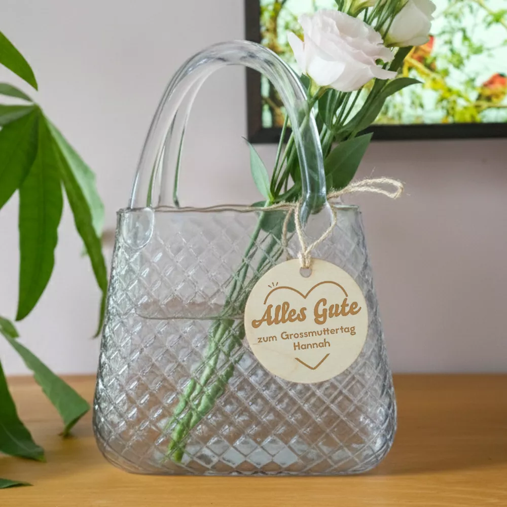 Handtaschen-Vase mit personalisiertem Holzanhänger "Alles Gute"