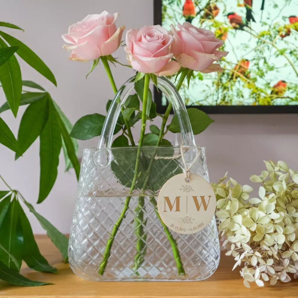Handtaschen-Vase aus Glas mit personalisiertem Paar-Holzanhänger