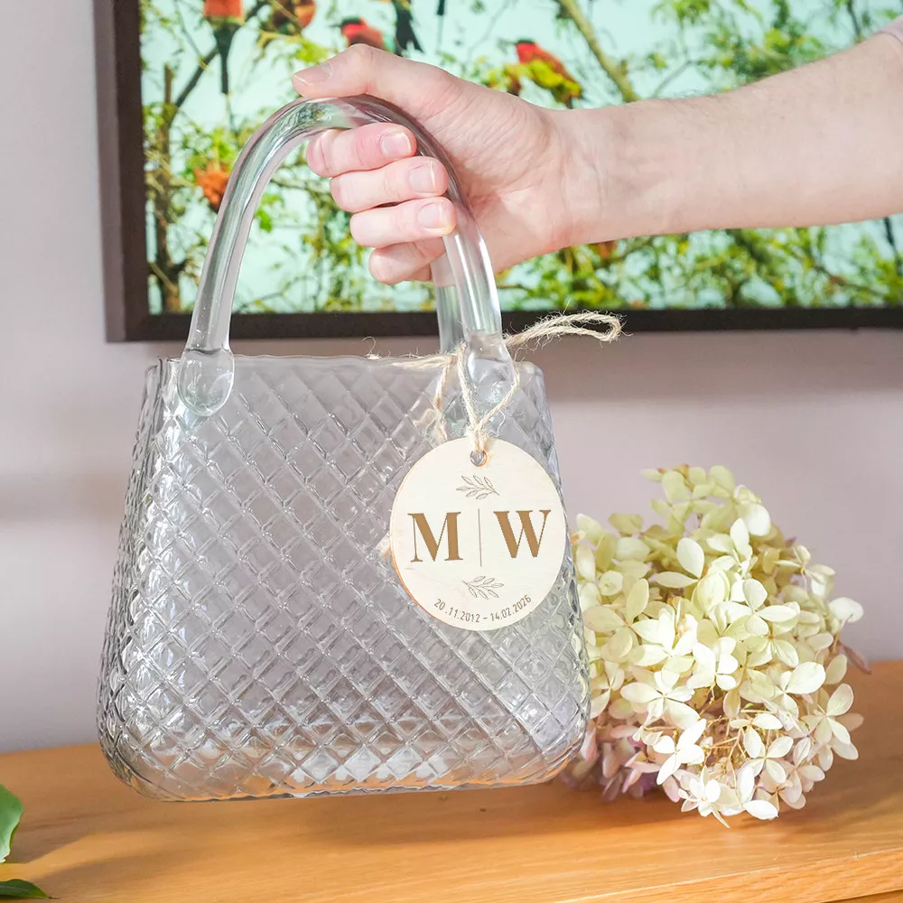 Handtaschen-Vase aus Glas mit personalisiertem Paar-Holzanhänger