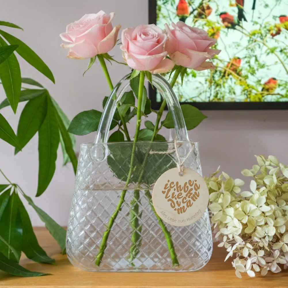 Handtaschen-Vase aus Glas mit personalisiertem „Ich Liebe Dich Mama“ Holz-Anhänger