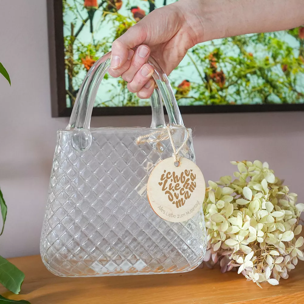 Handtaschen-Vase aus Glas mit personalisiertem „Ich Liebe Dich Mama“ Holz-Anhänger
