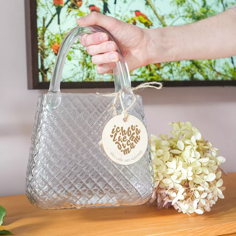 Handtaschen-Vase aus Glas mit personalisiertem „Ich Liebe Dich Mama“ Holz-Anhänger