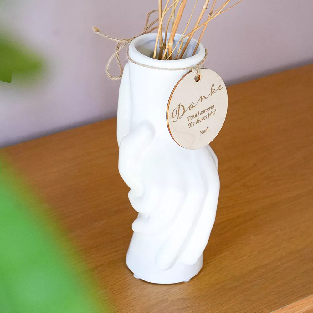 Personalisierbare Vase mit zwei Händen und Danke-Medaillon