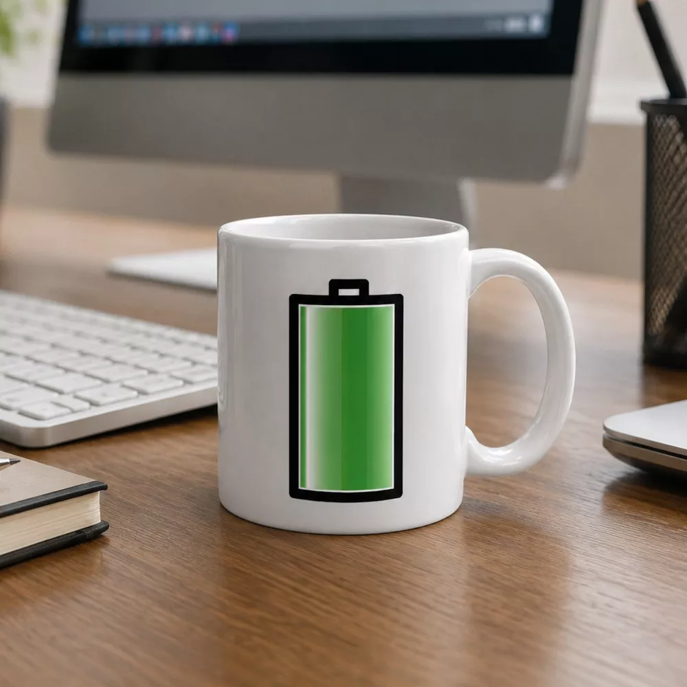 Weiße thermoreaktive Tasse mit Batterieanzeige