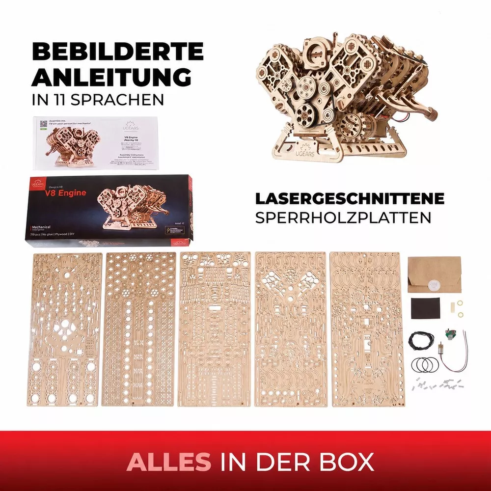 Mechanischer V8-Motor aus Holz zum Zusammenbauen
