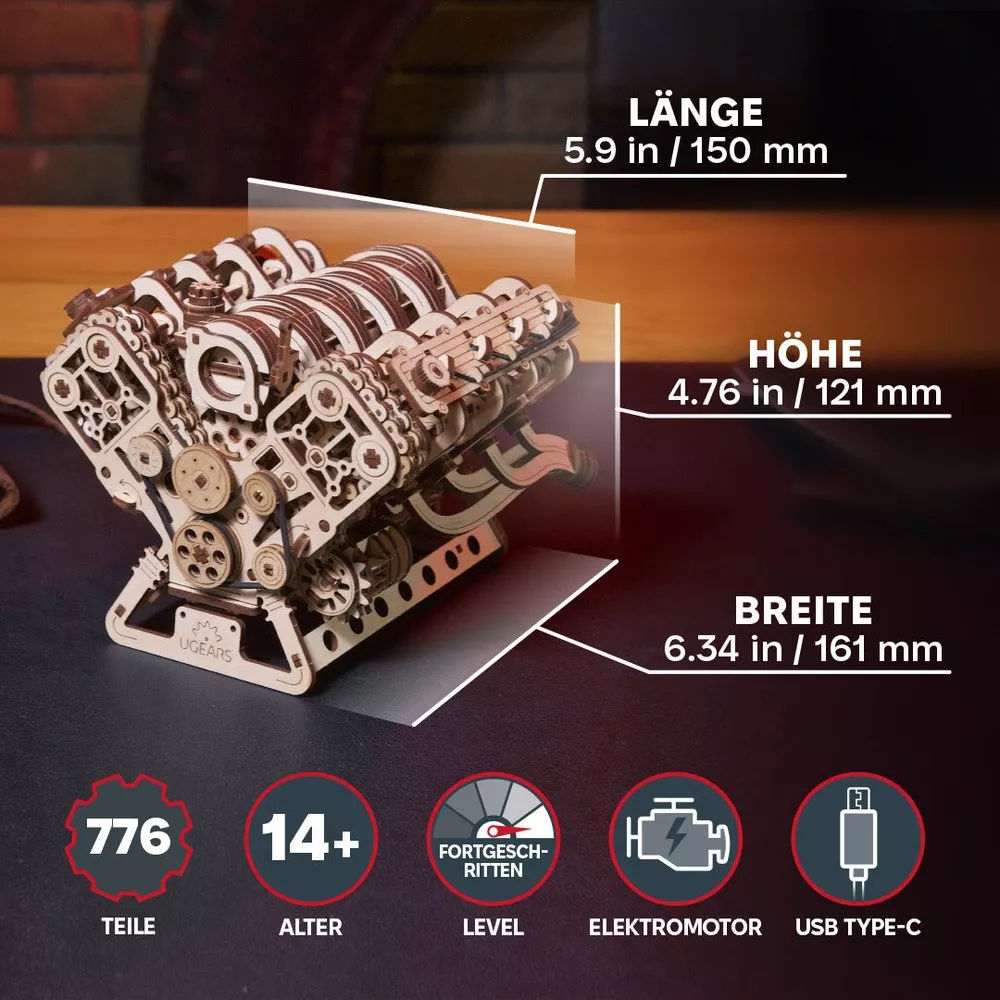 Mechanischer V8-Motor aus Holz zum Zusammenbauen