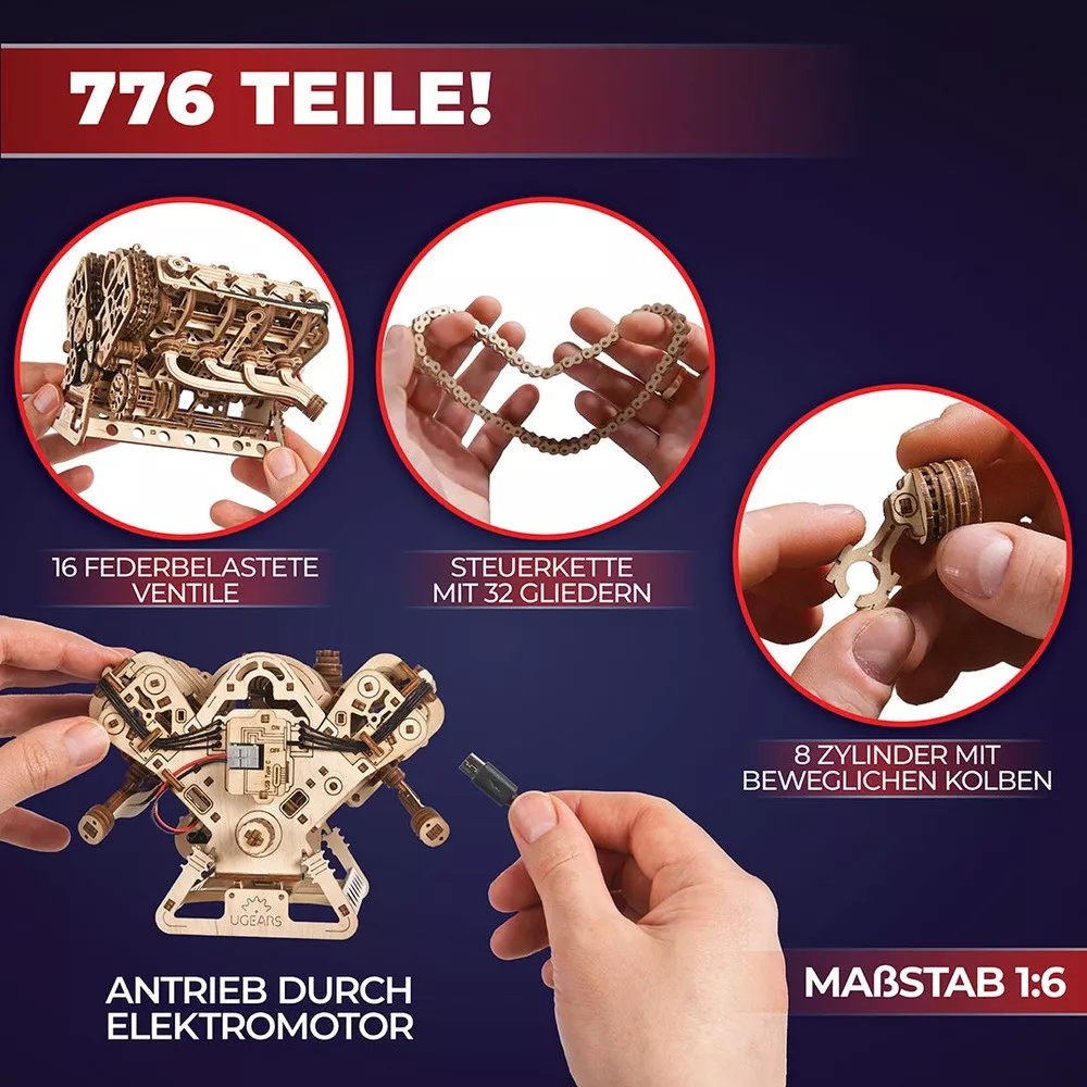 Mechanischer V8-Motor aus Holz zum Zusammenbauen