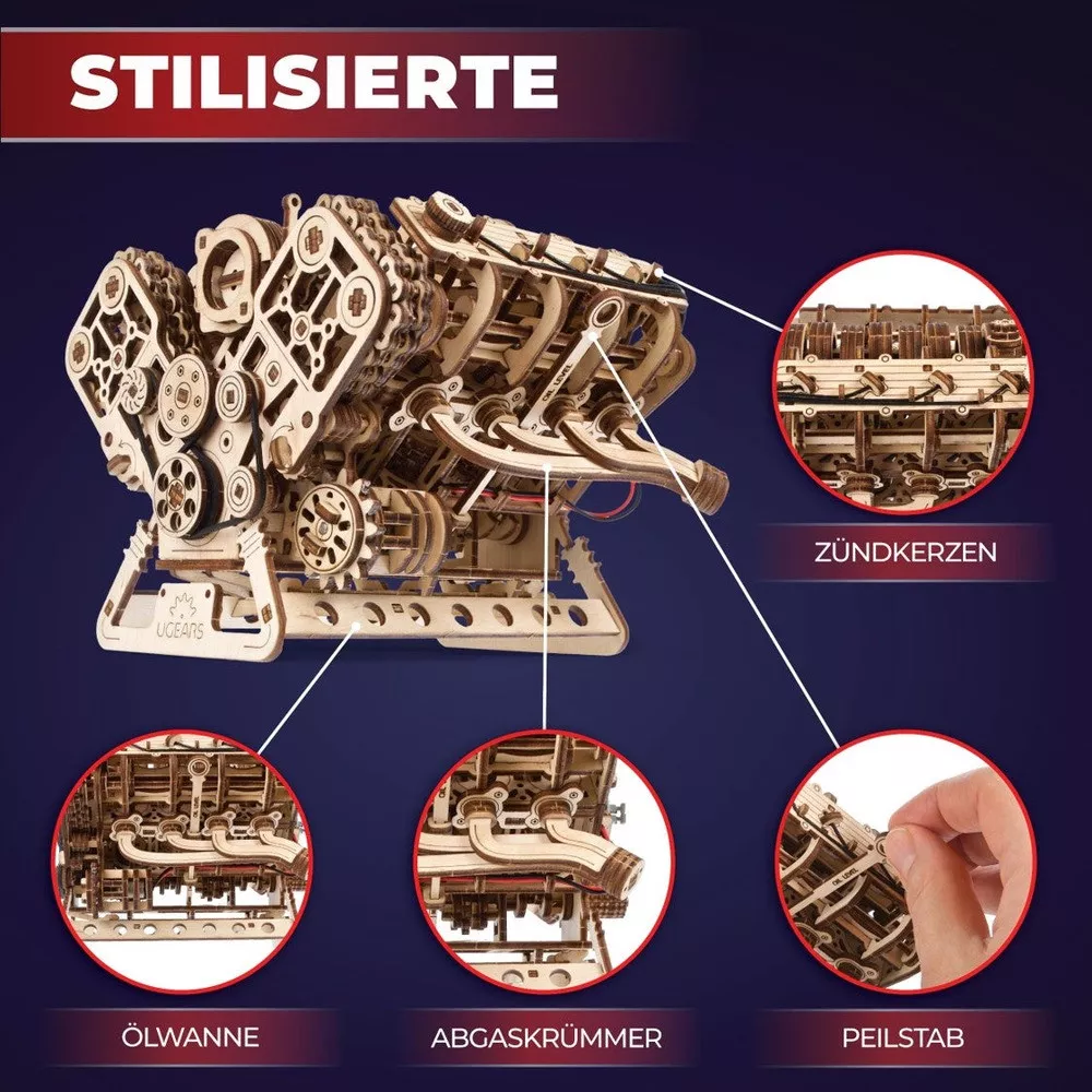 Mechanischer V8-Motor aus Holz zum Zusammenbauen