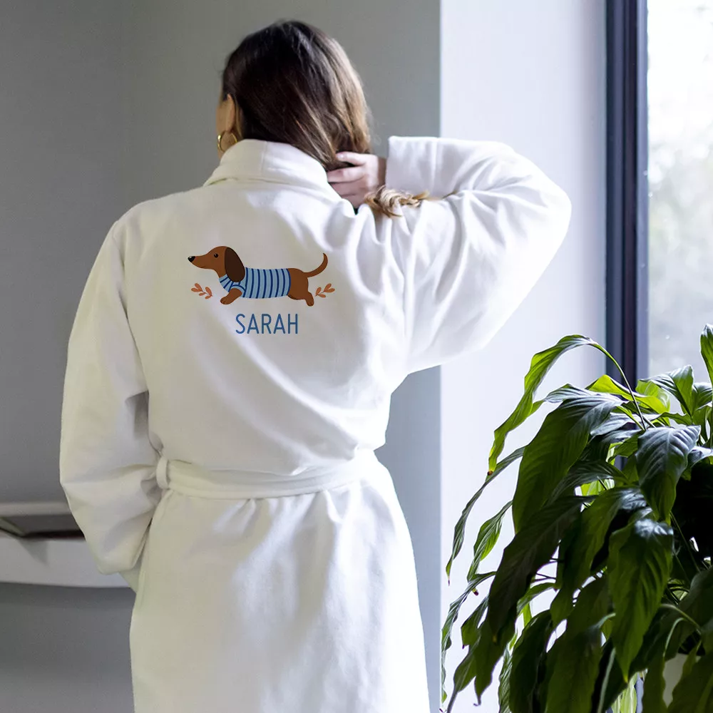 Personalisierter Bademantel Dackel im Ringelshirt