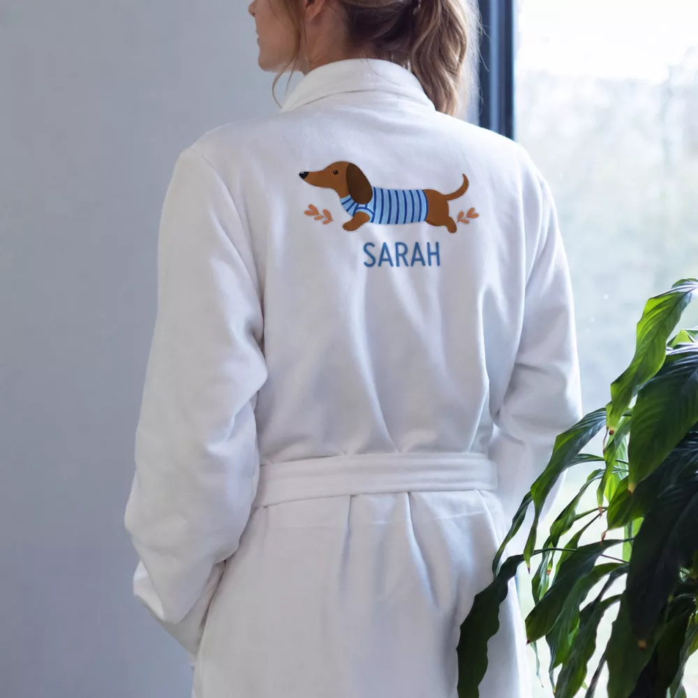 Personalisierter Bademantel Dackel im Ringelshirt