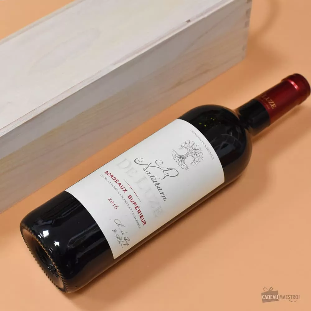Holzkiste mit Weinflasche Bouteille de Bordeaux Supérieur Bio, Ad Naturam De Luze
