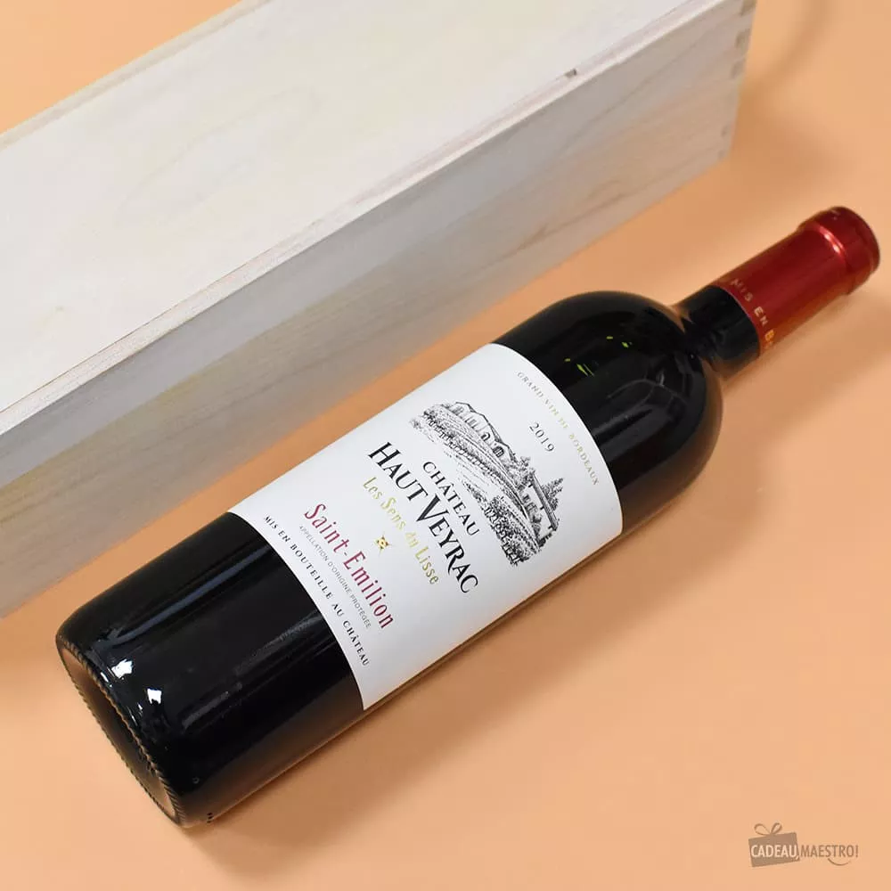 Holzkiste mit Weinflasche Bouteille de Saint-Émilion AOP, Château Haut Veyrac