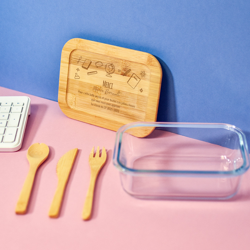 Lunchbox aus Glas und Bambus mit Besteck für die Lehrerin zum Personalisieren