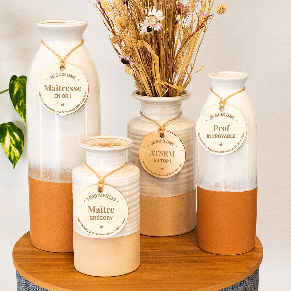 Vase mit Holzmedaillon „Goldige Lehrerin“ zum Personalisieren