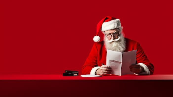 Der Weihnachtsmann liest die Wichtelregeln